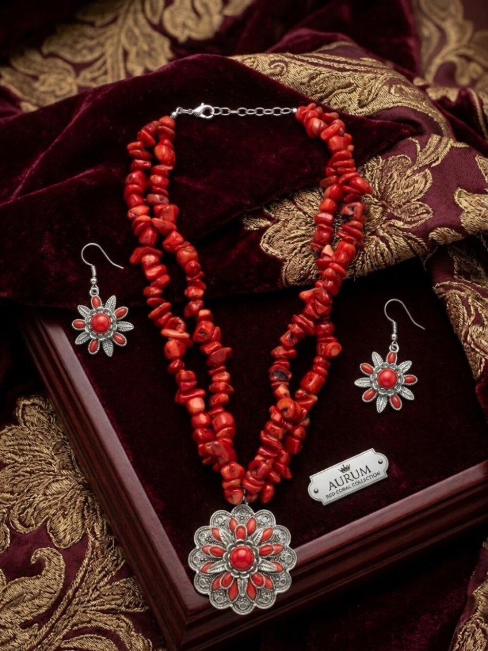 Vintage Red Coral Chip Bead Necklace & Earrings Set – Silver Floral Pen